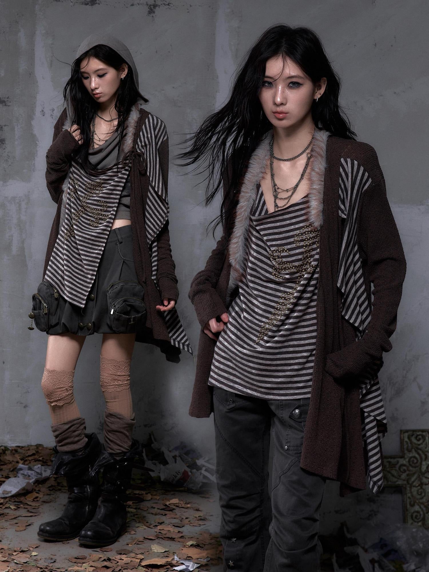 NO ROMANCE Vintage Oversized Striped V Neck Knit Open Front Women Cozy Sweater