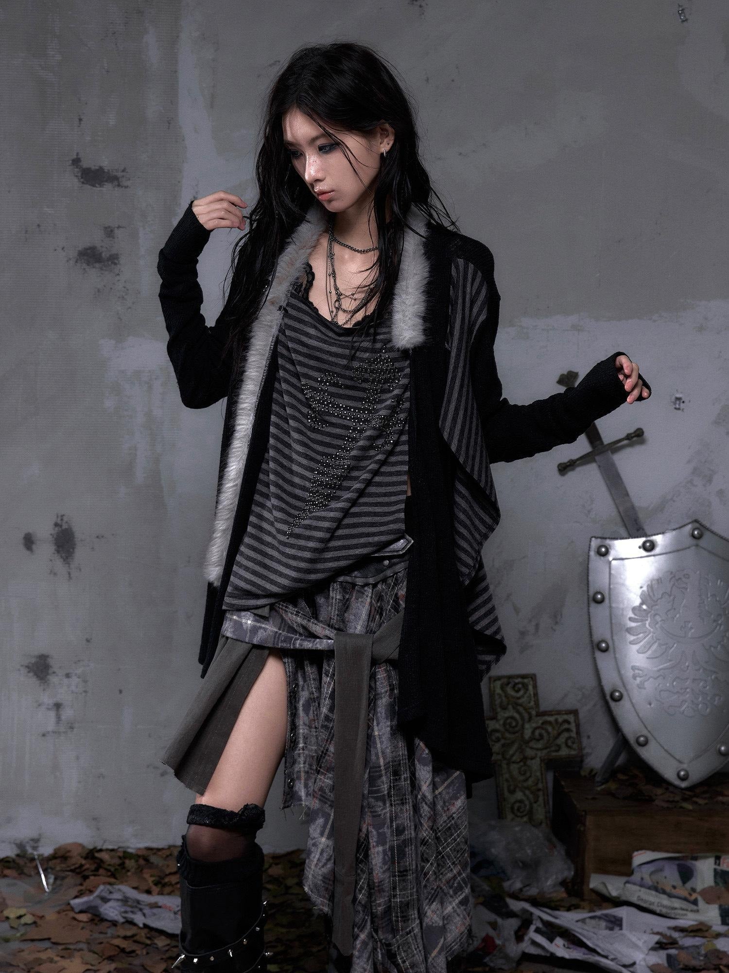 NO ROMANCE Vintage Oversized Striped V Neck Knit Open Front Women Cozy Sweater