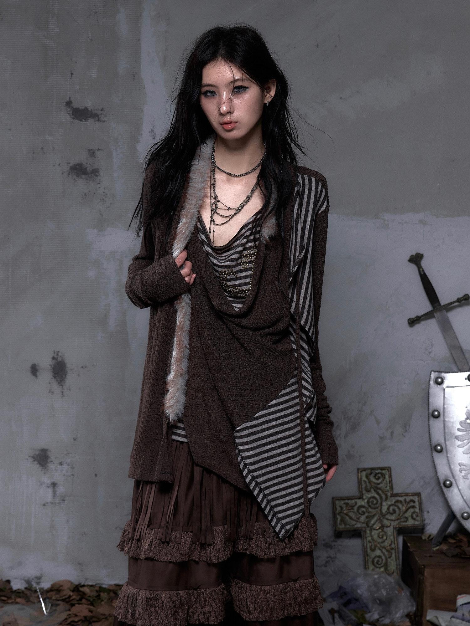 NO ROMANCE Vintage Oversized Striped V Neck Knit Open Front Women Cozy Sweater