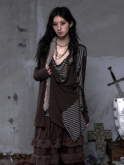 NO ROMANCE Vintage Oversized Striped V Neck Knit Open Front Women Cozy Sweater