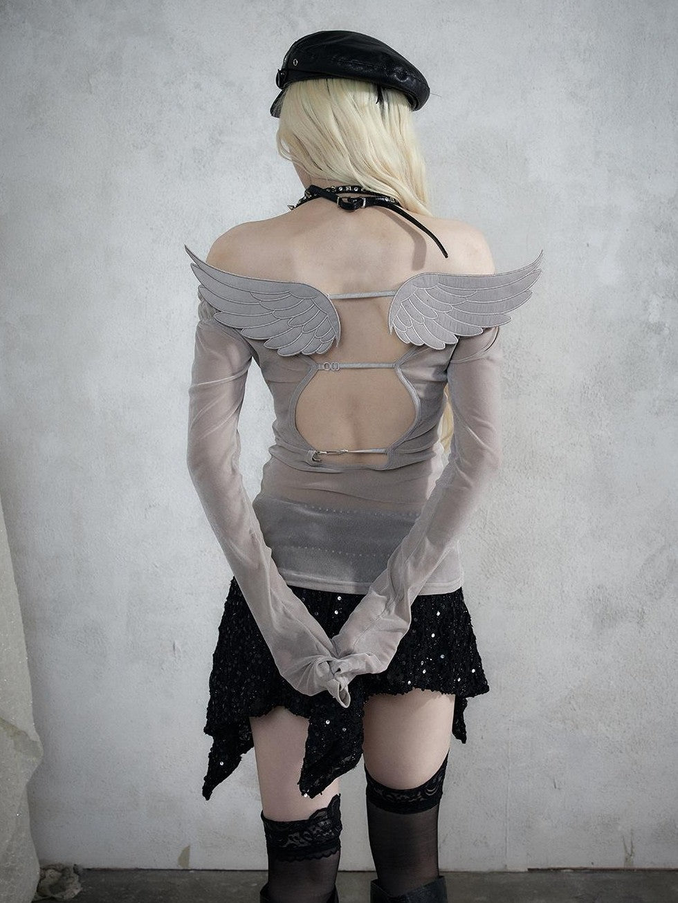 NO ROMANCE Vintage Palace Off Shoulder Print Open Back Wings Slim Fit Women&