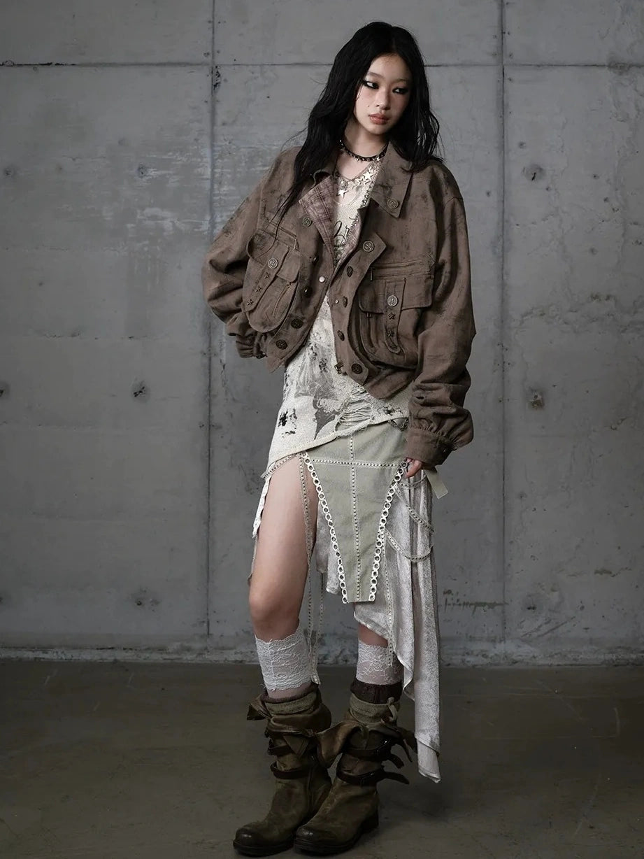 NO ROMANCE Vintage Plaid Oversized Layered Look Women Long Sleeve Button Front Jacket