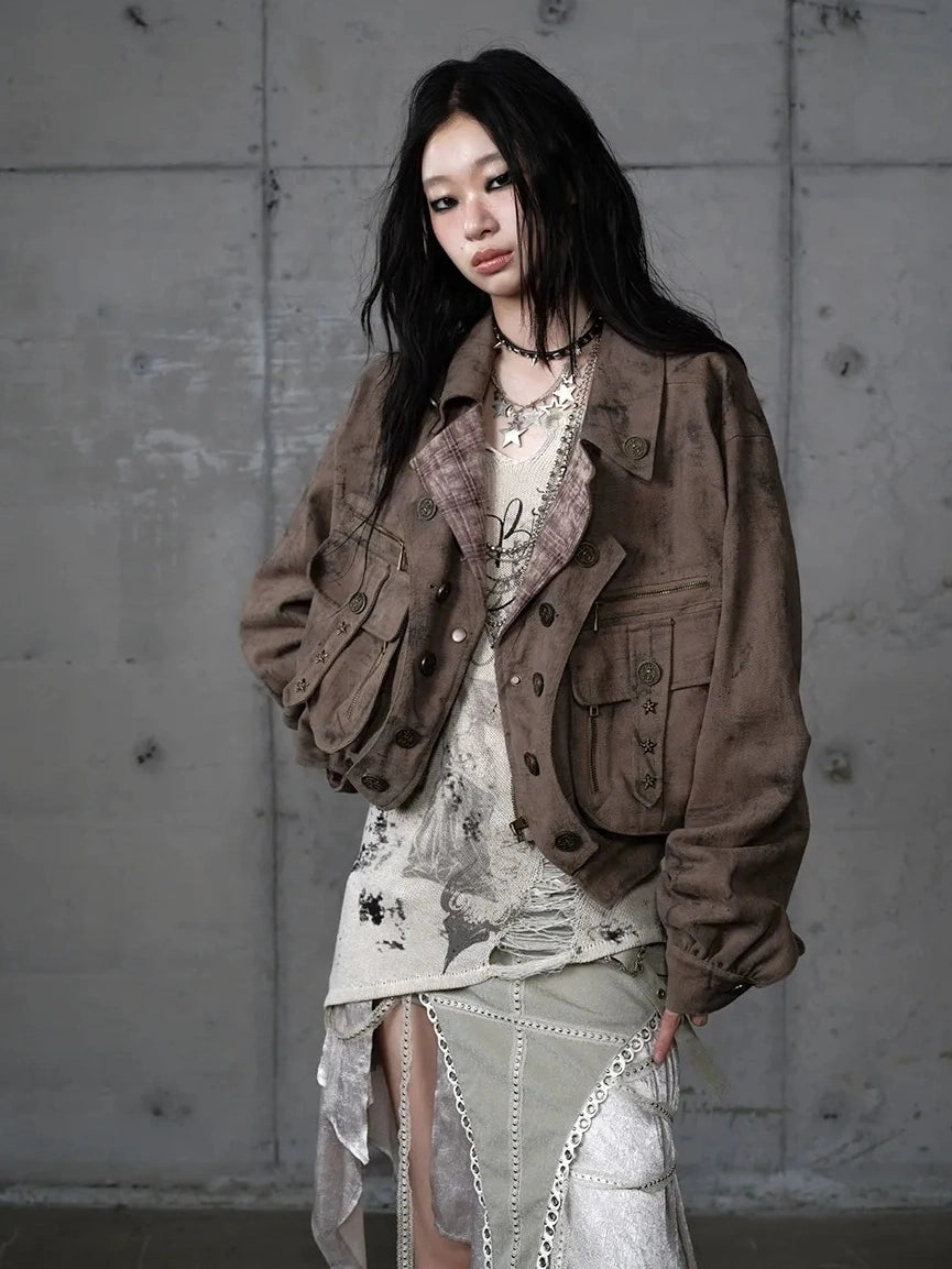 NO ROMANCE Vintage Plaid Oversized Layered Look Women Long Sleeve Button Front Jacket