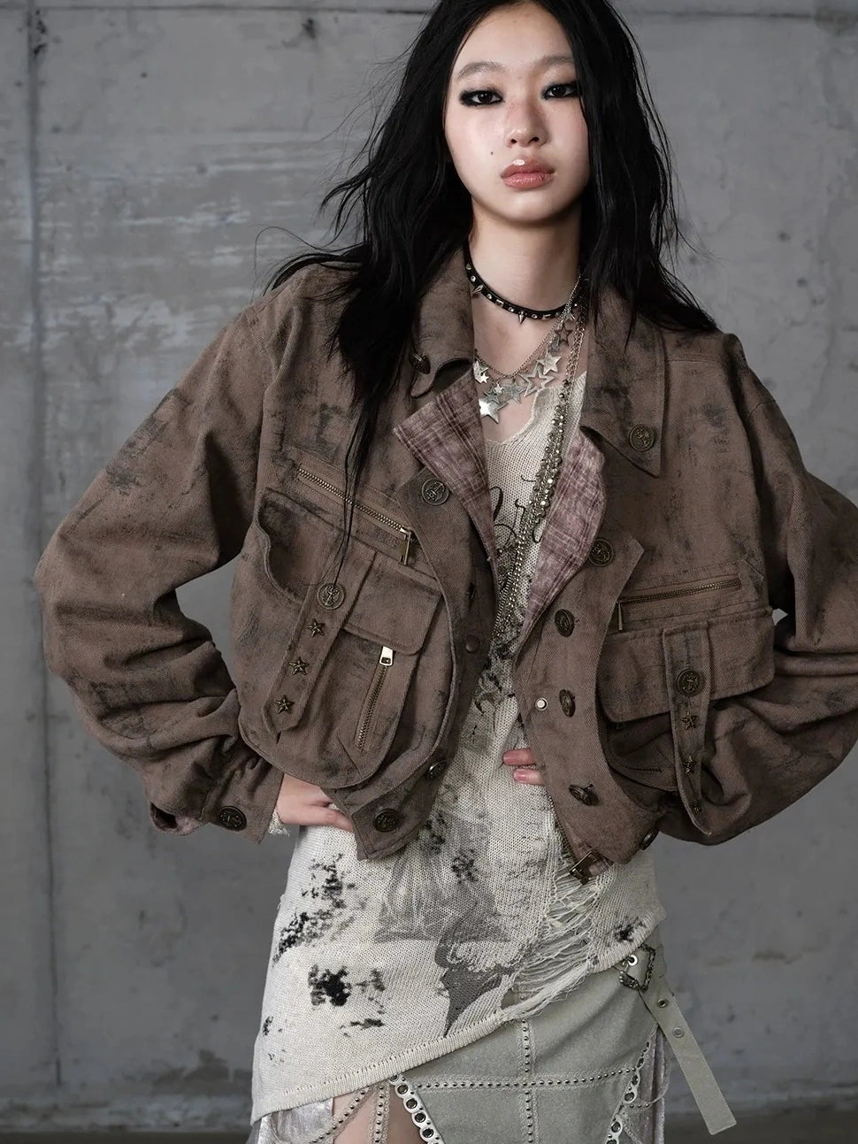 NO ROMANCE Vintage Plaid Oversized Layered Look Women Long Sleeve Button Front Jacket