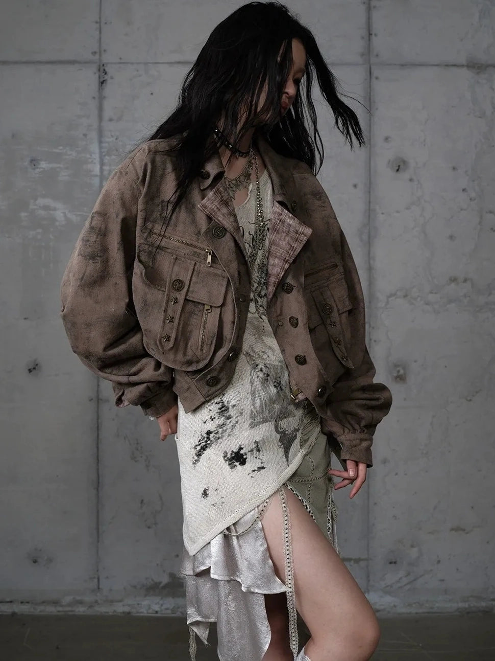 NO ROMANCE Vintage Plaid Oversized Layered Look Women Long Sleeve Button Front Jacket