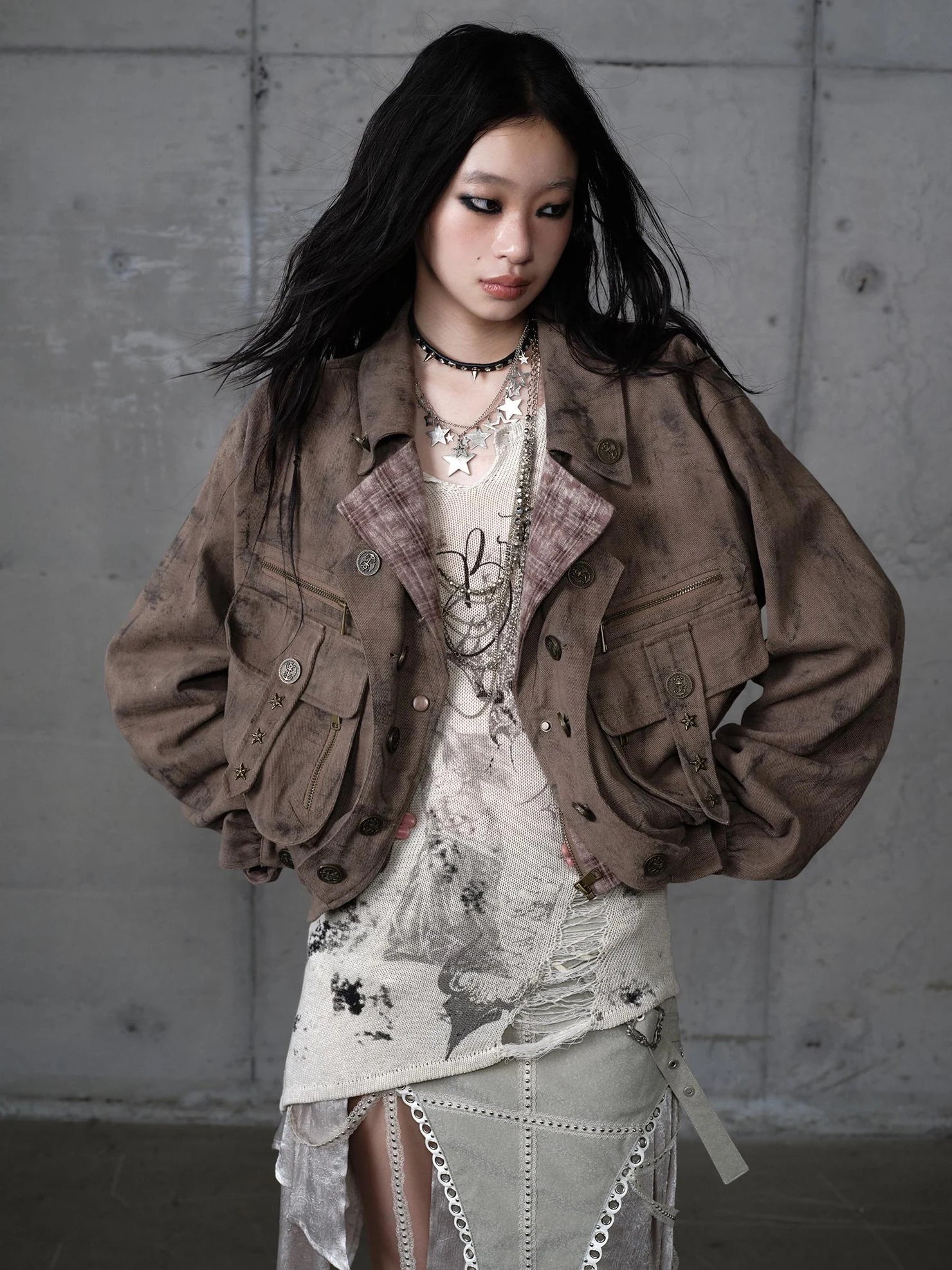 NO ROMANCE Vintage Plaid Oversized Layered Look Women Long Sleeve Button Front Jacket