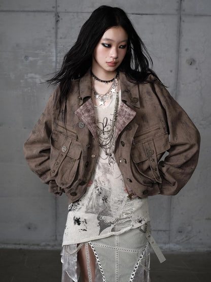 NO ROMANCE Vintage Plaid Oversized Layered Look Women Long Sleeve Button Front Jacket