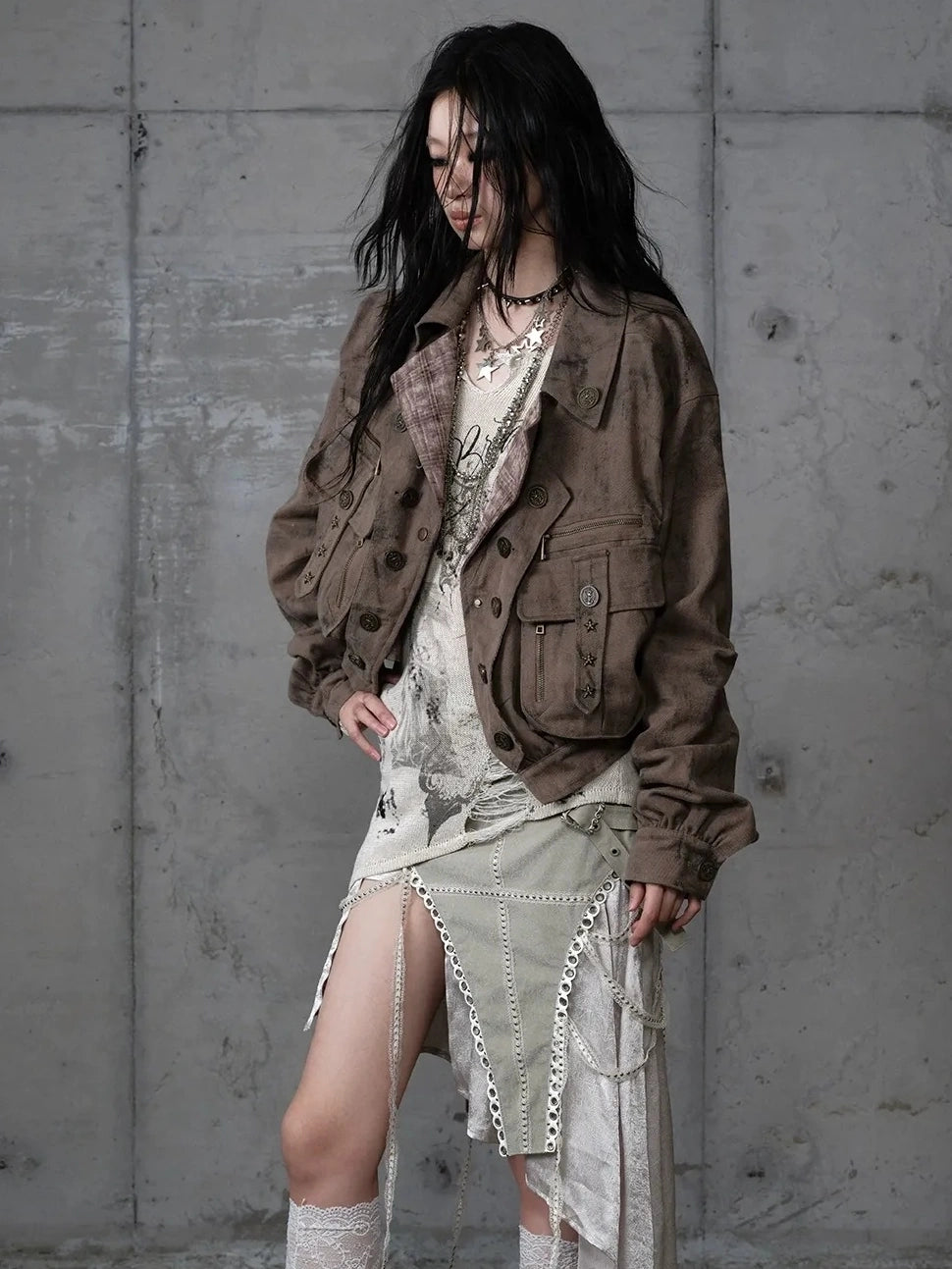 NO ROMANCE Vintage Plaid Oversized Layered Look Women Long Sleeve Button Front Jacket