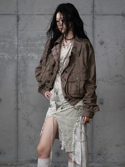 NO ROMANCE Vintage Plaid Oversized Layered Look Women Long Sleeve Button Front Jacket