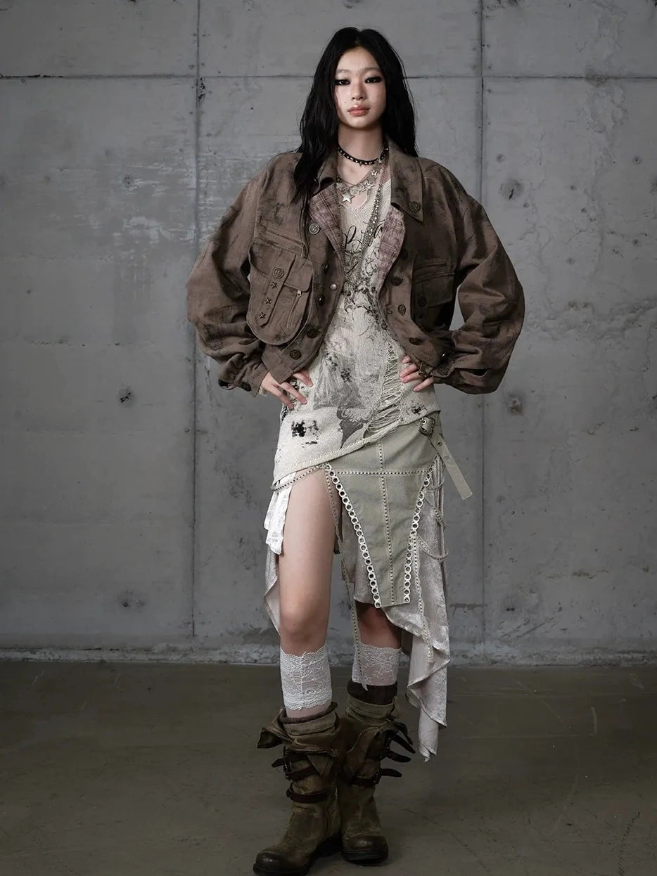 NO ROMANCE Vintage Plaid Oversized Layered Look Women Long Sleeve Button Front Jacket