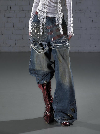 NO ROMANCE Vintage Print Distressed High Waist Loose Fit Women&