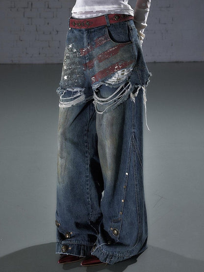 NO ROMANCE Vintage Print Distressed High Waist Loose Fit Women&