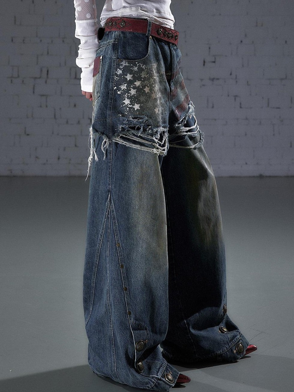 NO ROMANCE Vintage Print Distressed High Waist Loose Fit Women&