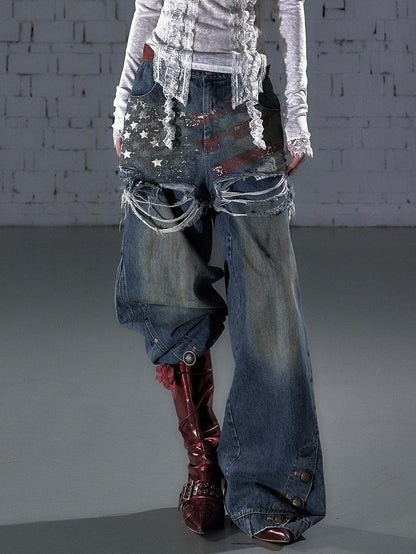 NO ROMANCE Vintage Print Distressed High Waist Loose Fit Women&