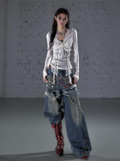 NO ROMANCE Vintage Print Distressed High Waist Loose Fit Women&