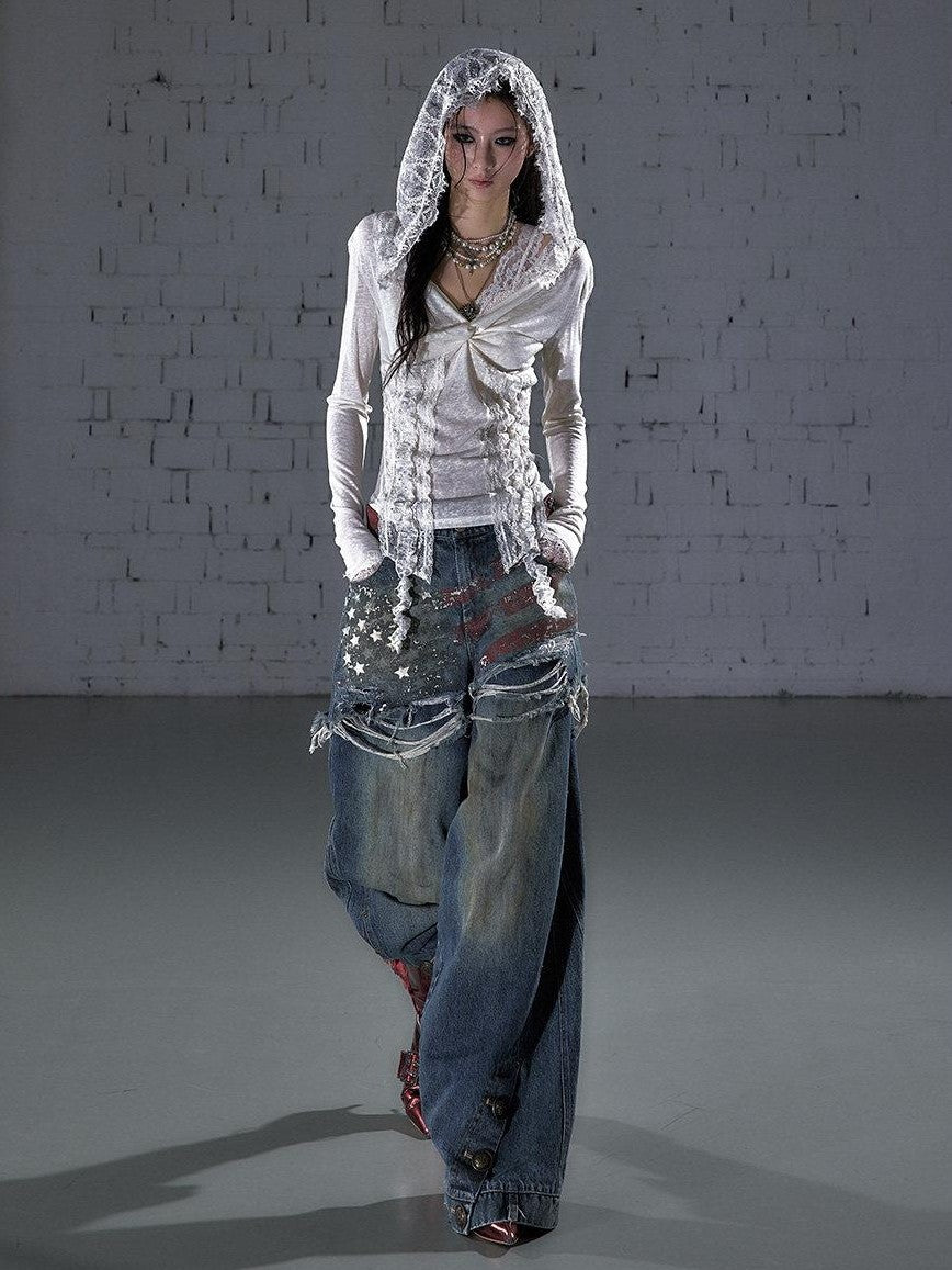 NO ROMANCE Vintage Print Distressed High Waist Loose Fit Women&
