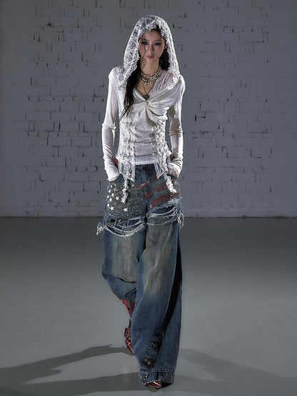 NO ROMANCE Vintage Print Distressed High Waist Loose Fit Women&