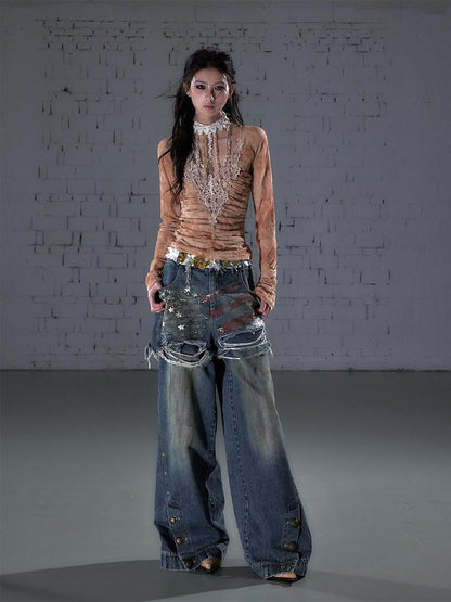 NO ROMANCE Vintage Print Distressed High Waist Loose Fit Women&