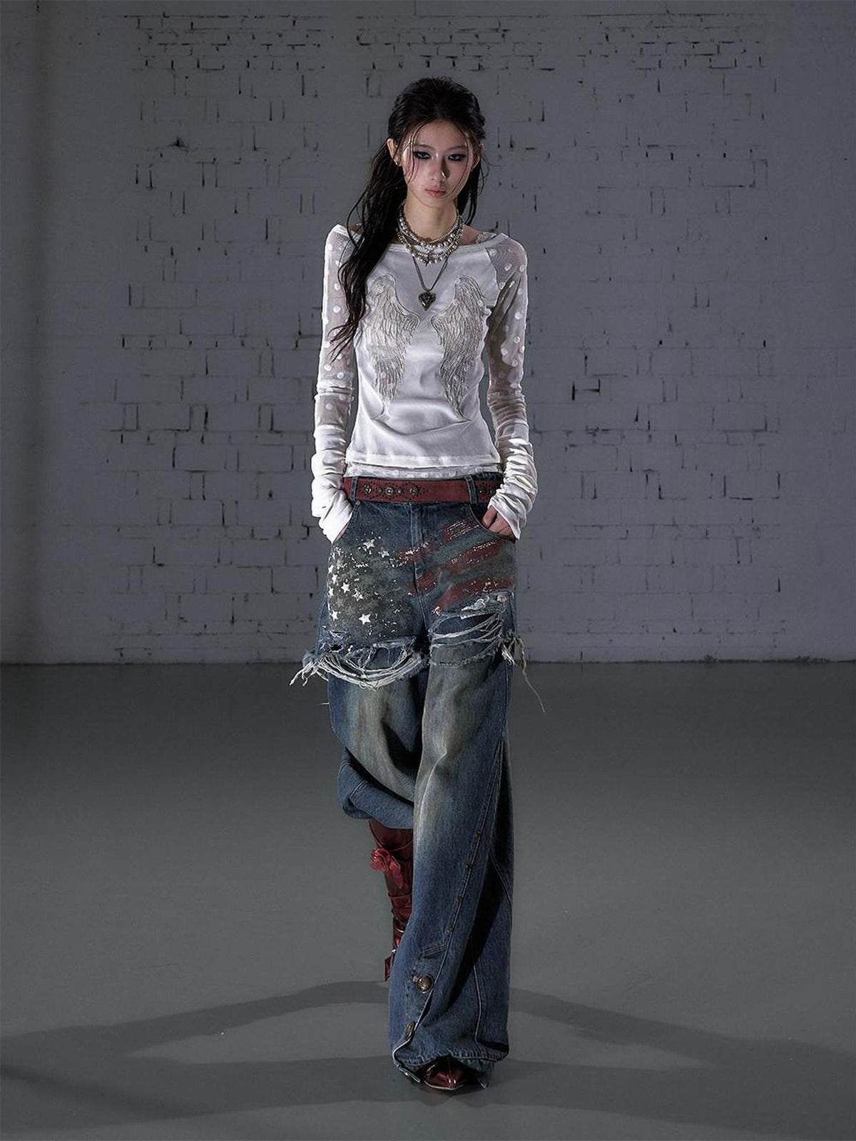 NO ROMANCE Vintage Print Distressed High Waist Loose Fit Women&