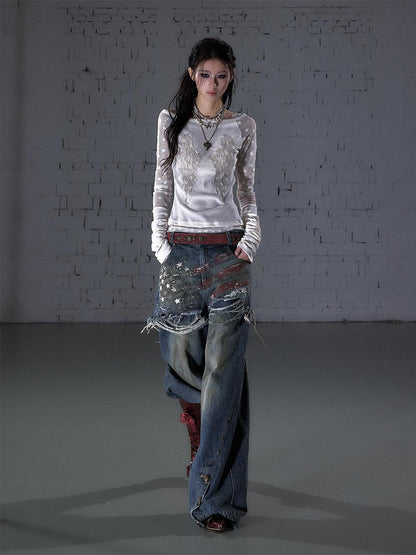 NO ROMANCE Vintage Print Distressed High Waist Loose Fit Women&