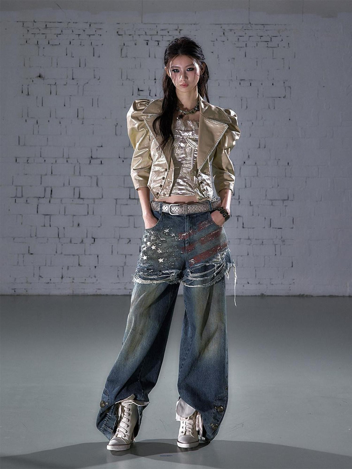 NO ROMANCE Vintage Print Distressed High Waist Loose Fit Women&