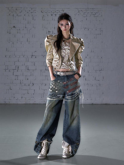 NO ROMANCE Vintage Print Distressed High Waist Loose Fit Women&