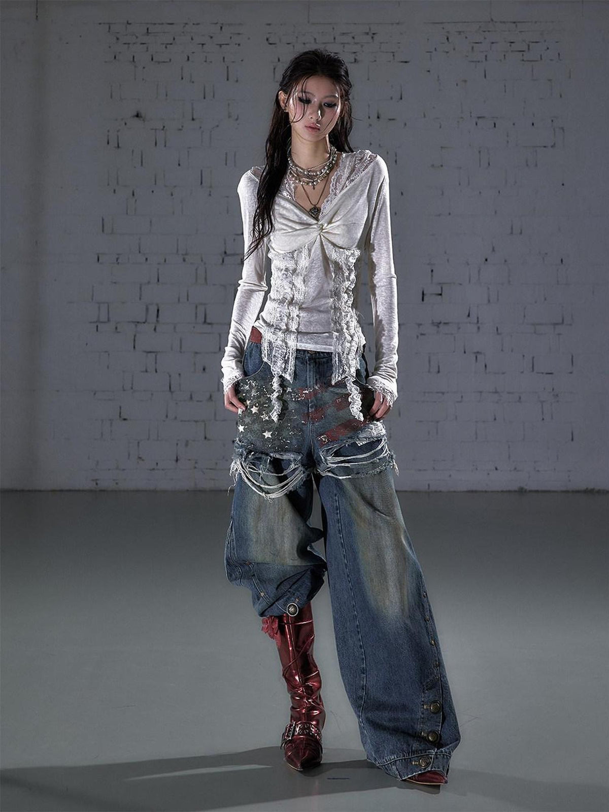 NO ROMANCE Vintage Print Distressed High Waist Loose Fit Women&