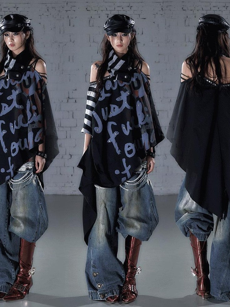 NO ROMANCE Vintage Print Distressed High Waist Loose Fit Women&