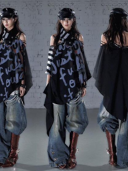 NO ROMANCE Vintage Print Distressed High Waist Loose Fit Women&
