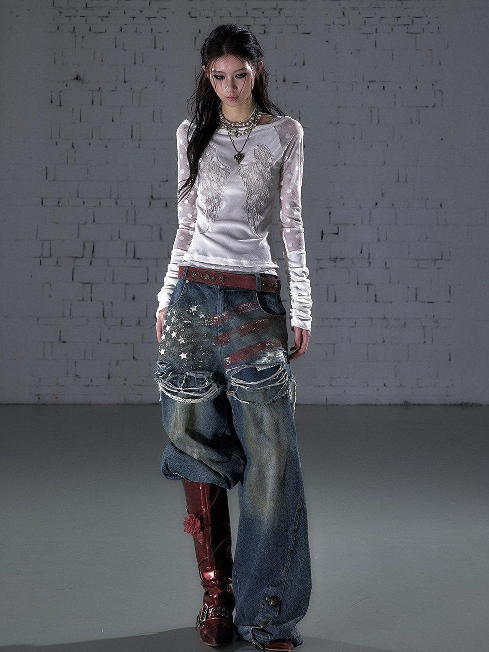 NO ROMANCE Vintage Print Distressed High Waist Loose Fit Women&