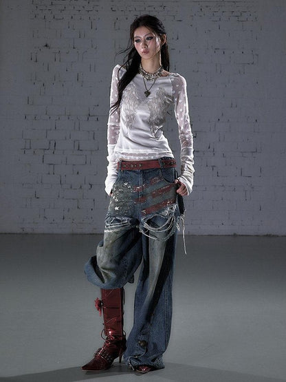 NO ROMANCE Vintage Print Distressed High Waist Loose Fit Women&