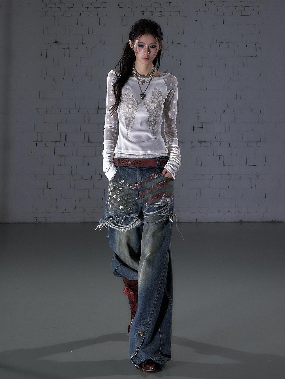 NO ROMANCE Vintage Print Distressed High Waist Loose Fit Women&