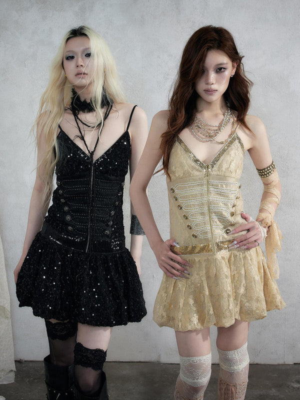 Vintage Punk Jacquard Sequin Napoleonic Strappy Women's Slip Mini Dresses