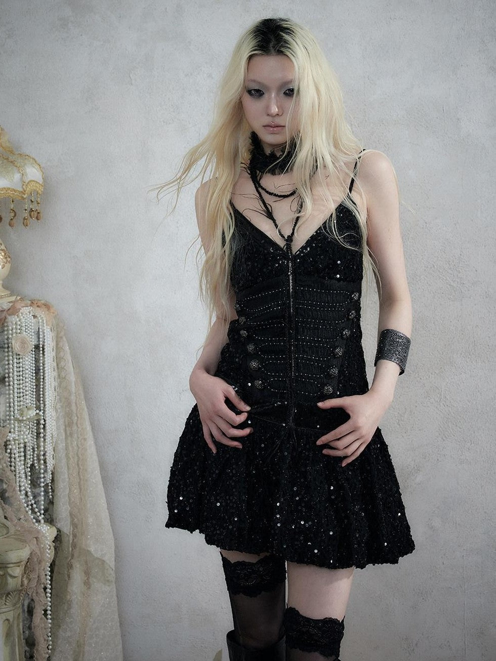 NO ROMANCE Vintage Punk Jacquard Sequin Napoleonic Strappy Women&