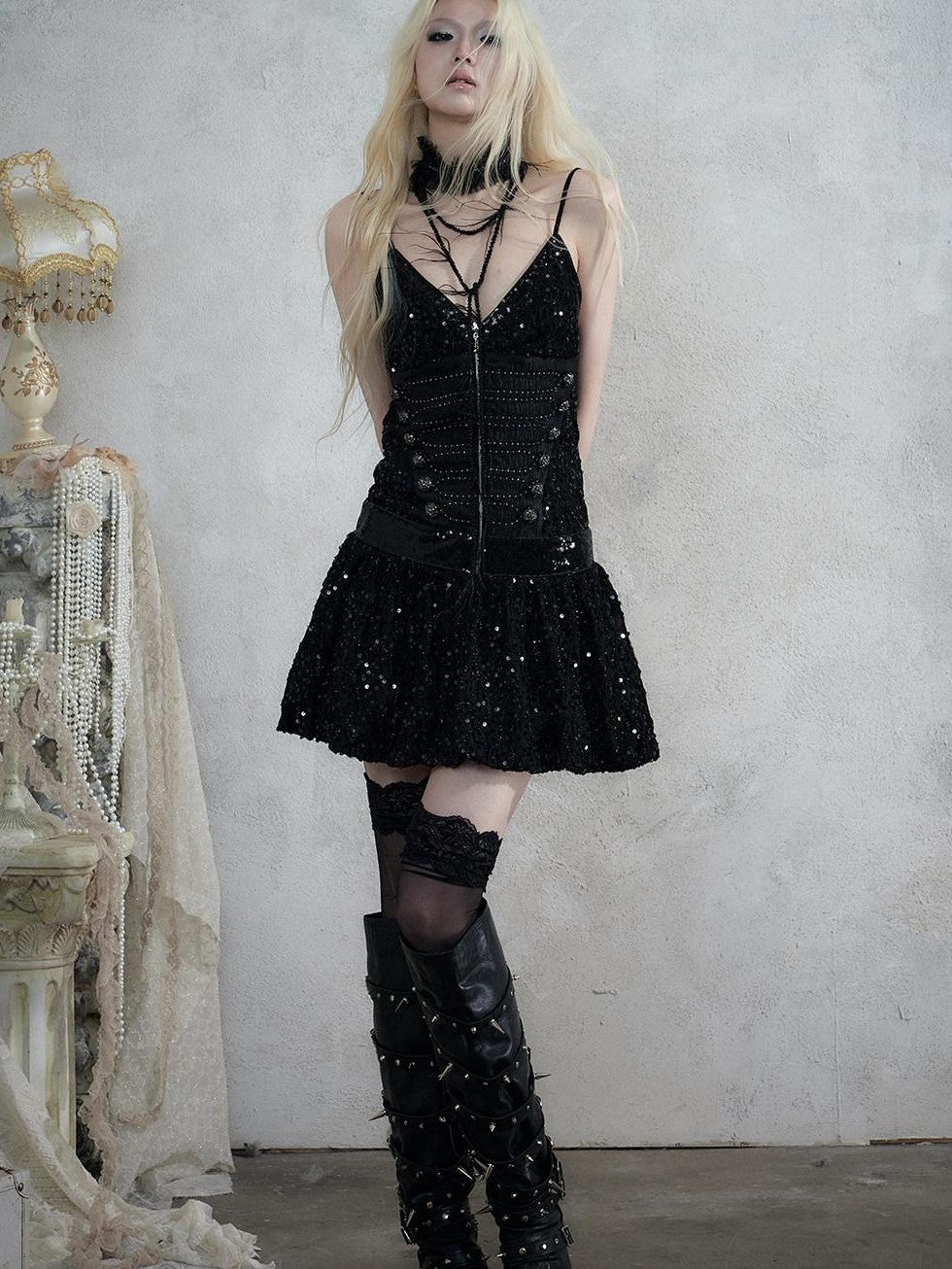 NO ROMANCE Vintage Punk Jacquard Sequin Napoleonic Strappy Women&