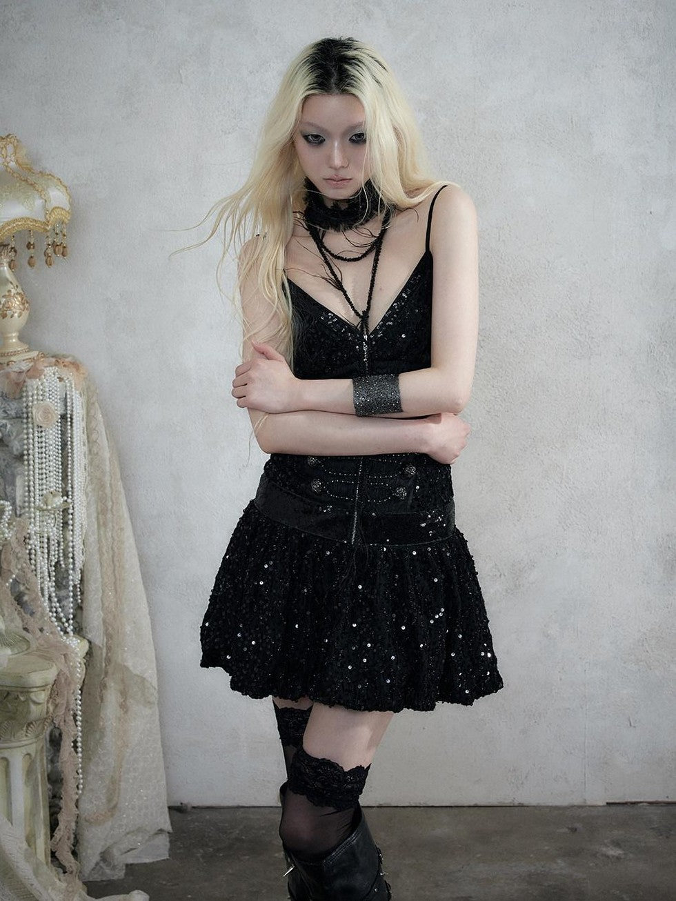 NO ROMANCE Vintage Punk Jacquard Sequin Napoleonic Strappy Women&