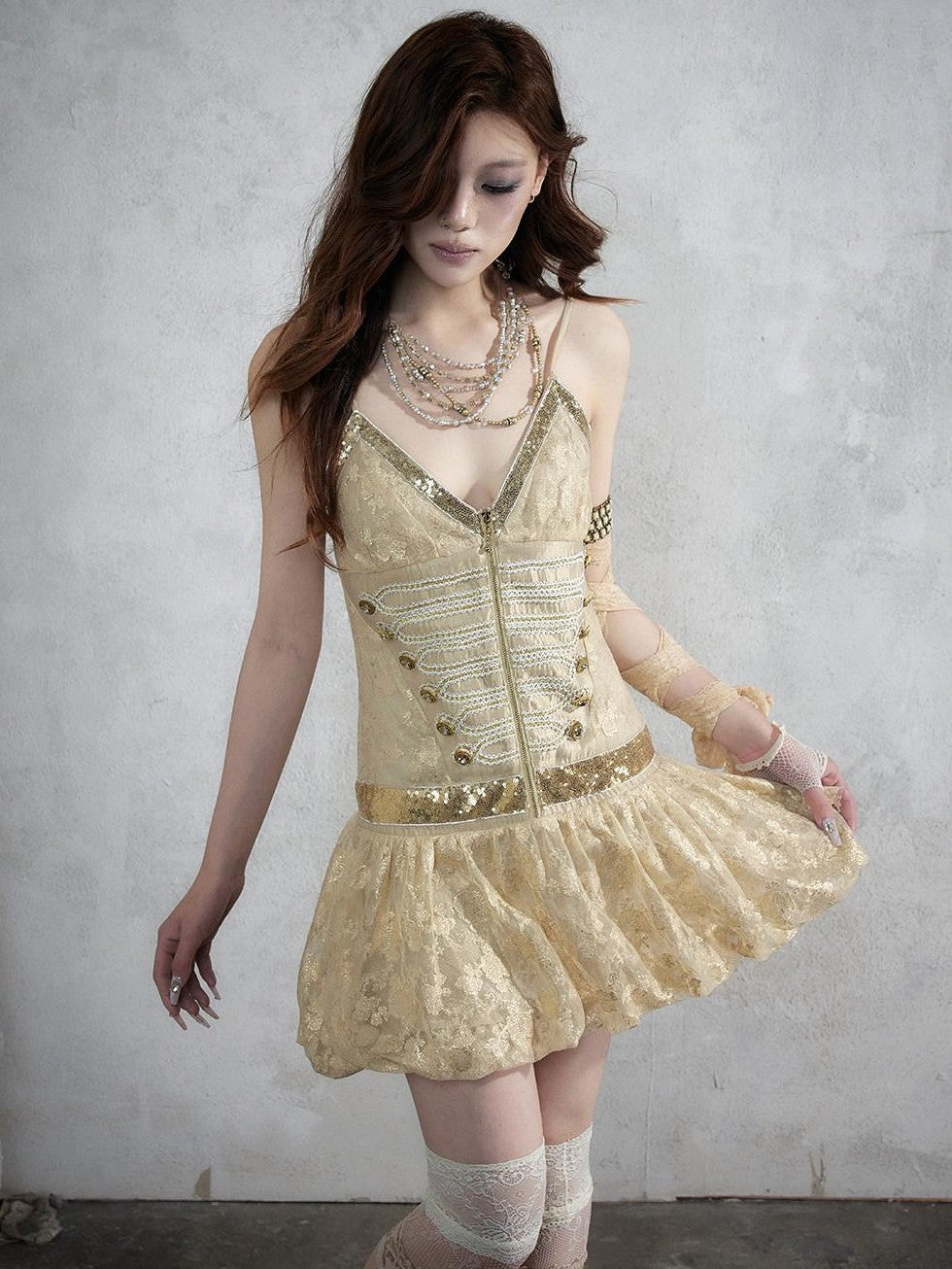 NO ROMANCE Vintage Punk Jacquard Sequin Napoleonic Strappy Women&