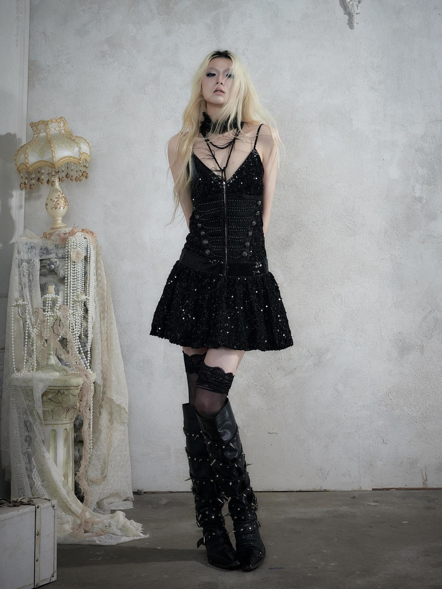 NO ROMANCE Vintage Punk Jacquard Sequin Napoleonic Strappy Women&