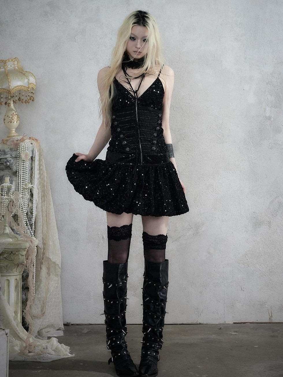 NO ROMANCE Vintage Punk Jacquard Sequin Napoleonic Strappy Women&