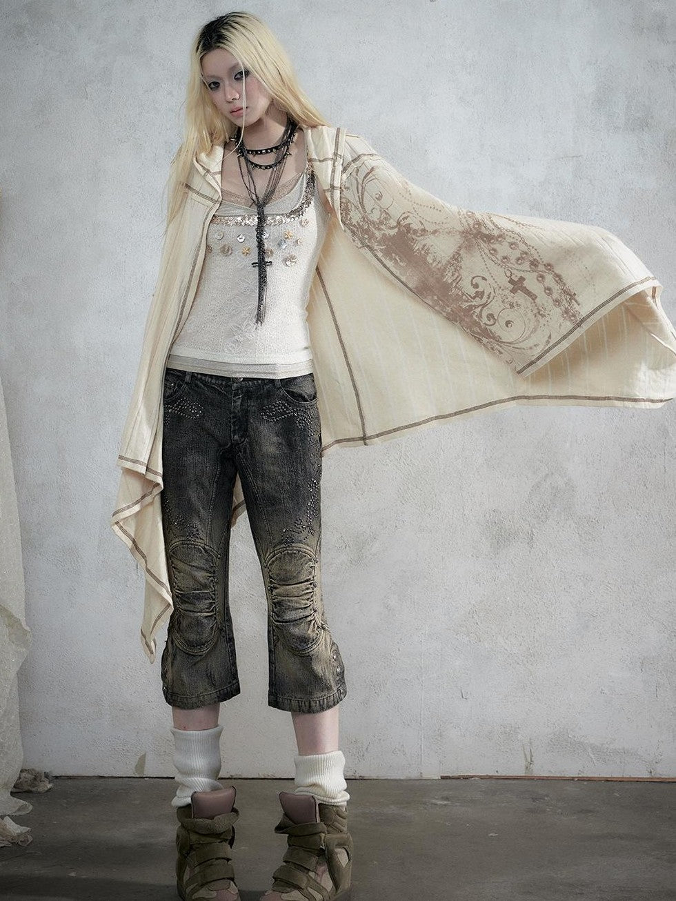 NO ROMANCE Vintage Punk Print Hooded Loose Lazy Knit Long Sleeve Women&
