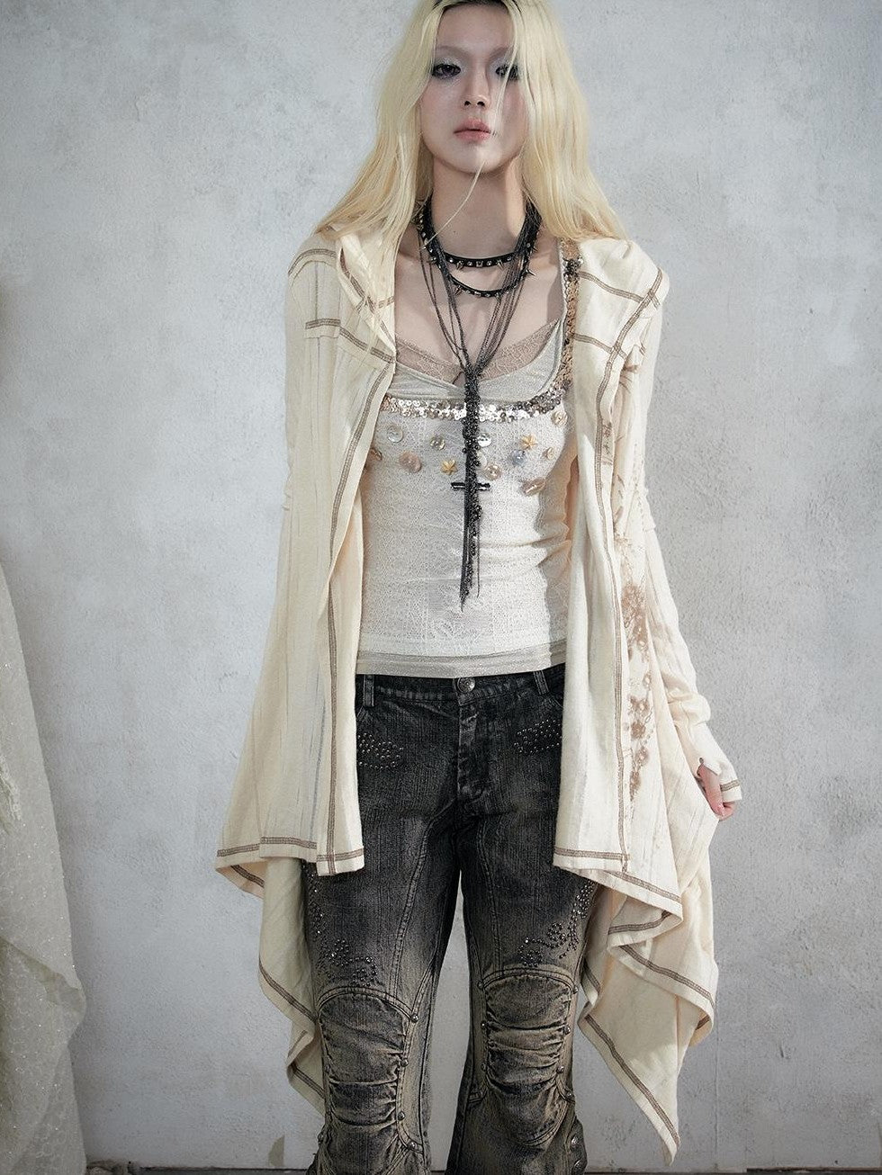 NO ROMANCE Vintage Punk Print Hooded Loose Lazy Knit Long Sleeve Women&