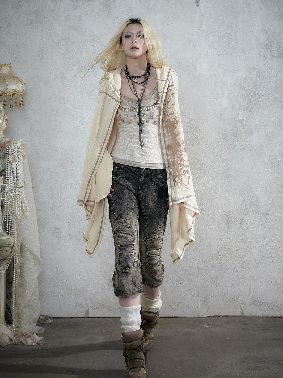 NO ROMANCE Vintage Punk Print Hooded Loose Lazy Knit Long Sleeve Women&