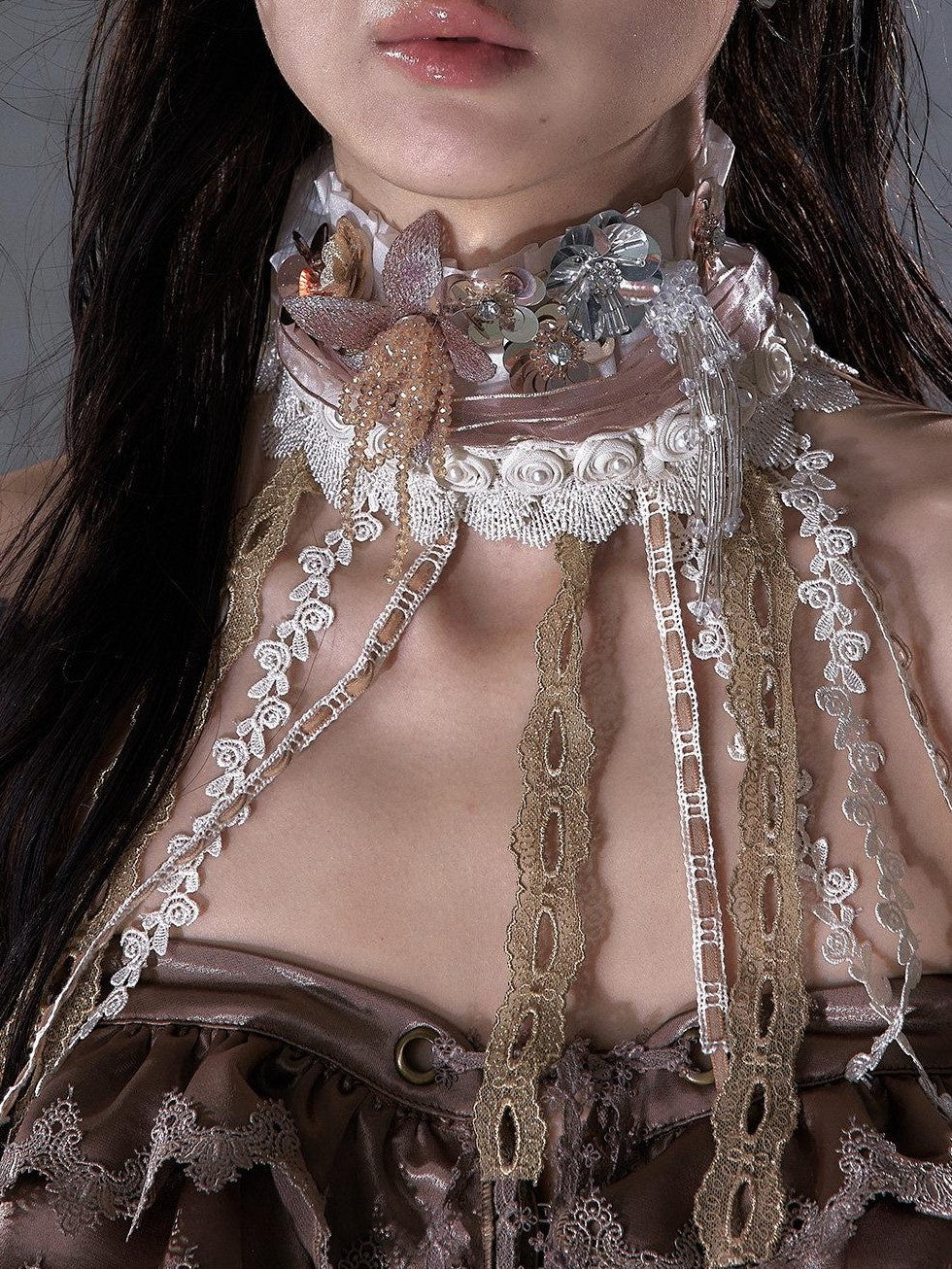 NO ROMANCE Vintage Regal Pleated Hand Beaded Floral Women&