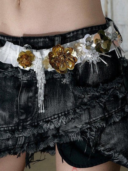 NO ROMANCE Vintage Regal Pleated Hand Beaded Floral Women&
