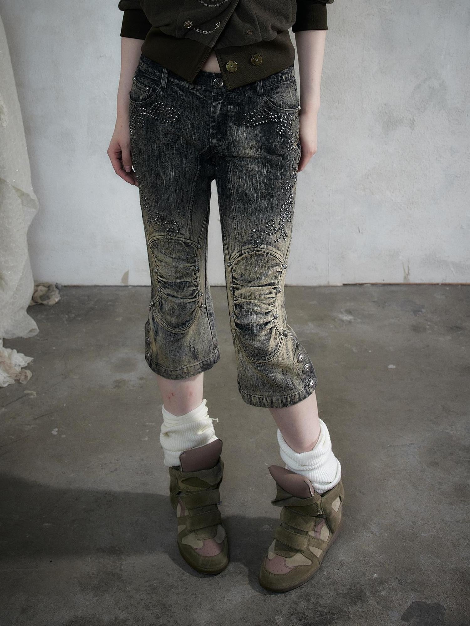 NO ROMANCE Vintage Rhinestone Washed Distressed Slim Women&
