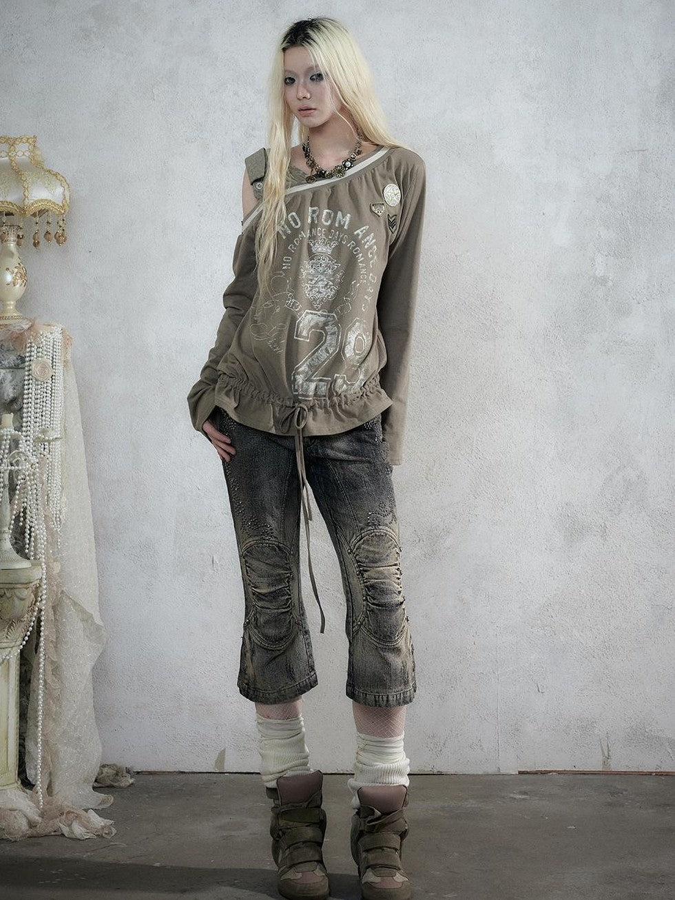 NO ROMANCE Vintage Rhinestone Washed Distressed Slim Women&