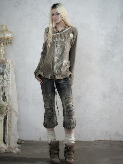 NO ROMANCE Vintage Rhinestone Washed Distressed Slim Women&