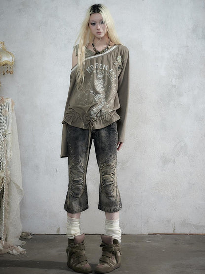NO ROMANCE Vintage Rhinestone Washed Distressed Slim Women&