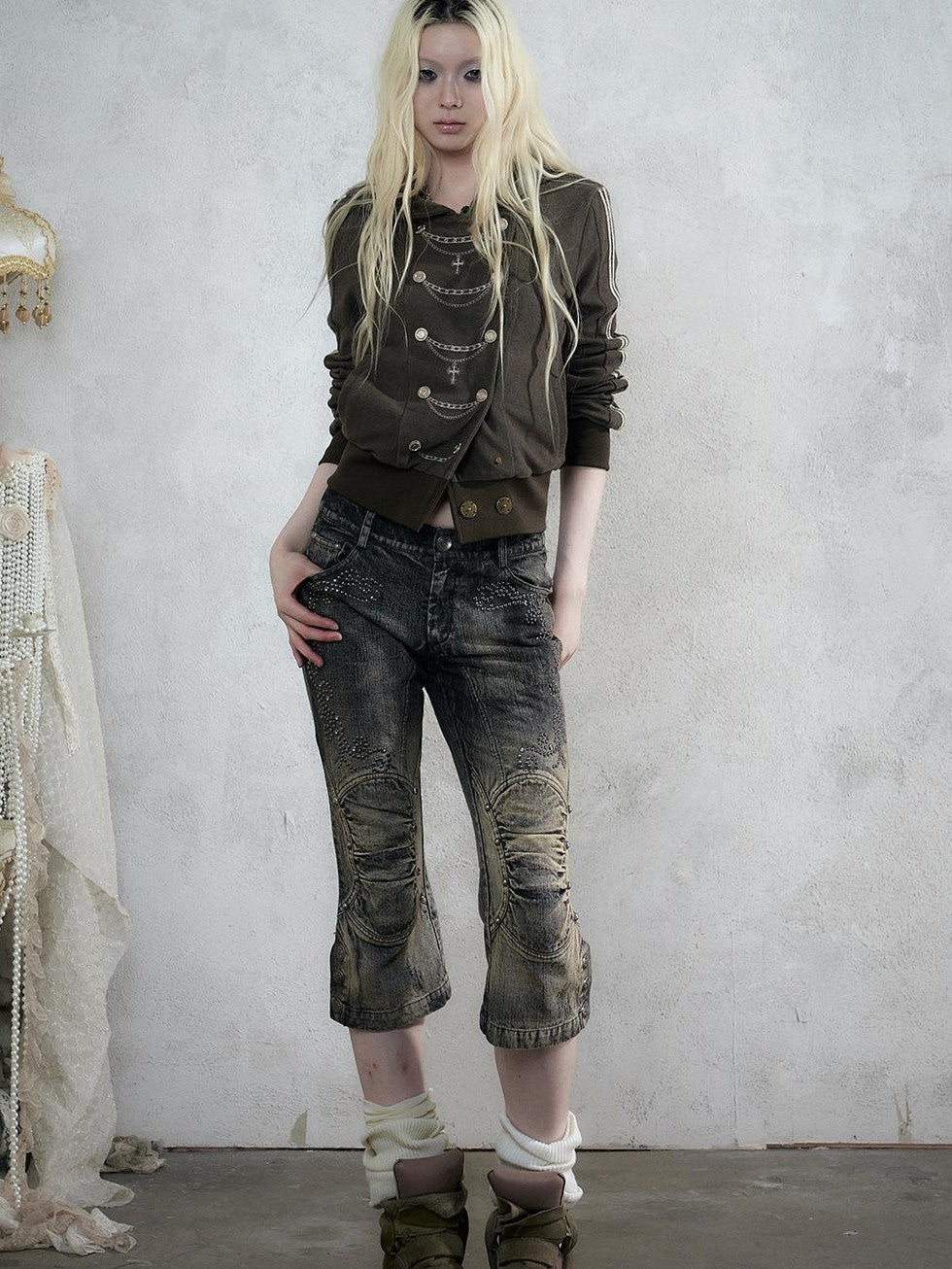 NO ROMANCE Vintage Rhinestone Washed Distressed Slim Women&