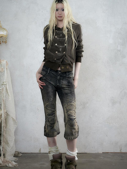 NO ROMANCE Vintage Rhinestone Washed Distressed Slim Women&